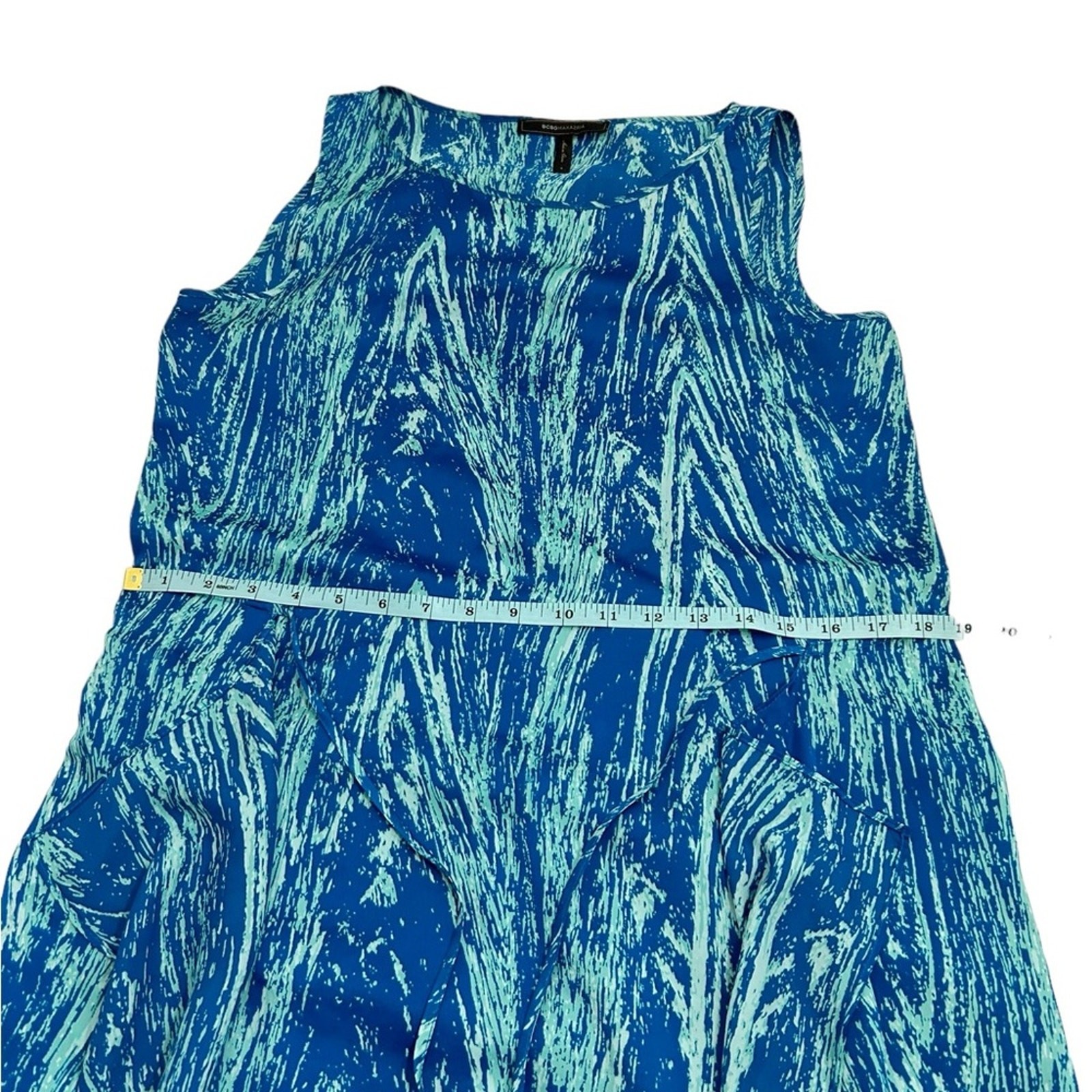 BCBGMaxAzria Small Blue Green Teal Combo Urika Tie Waist Asymmetric Dress