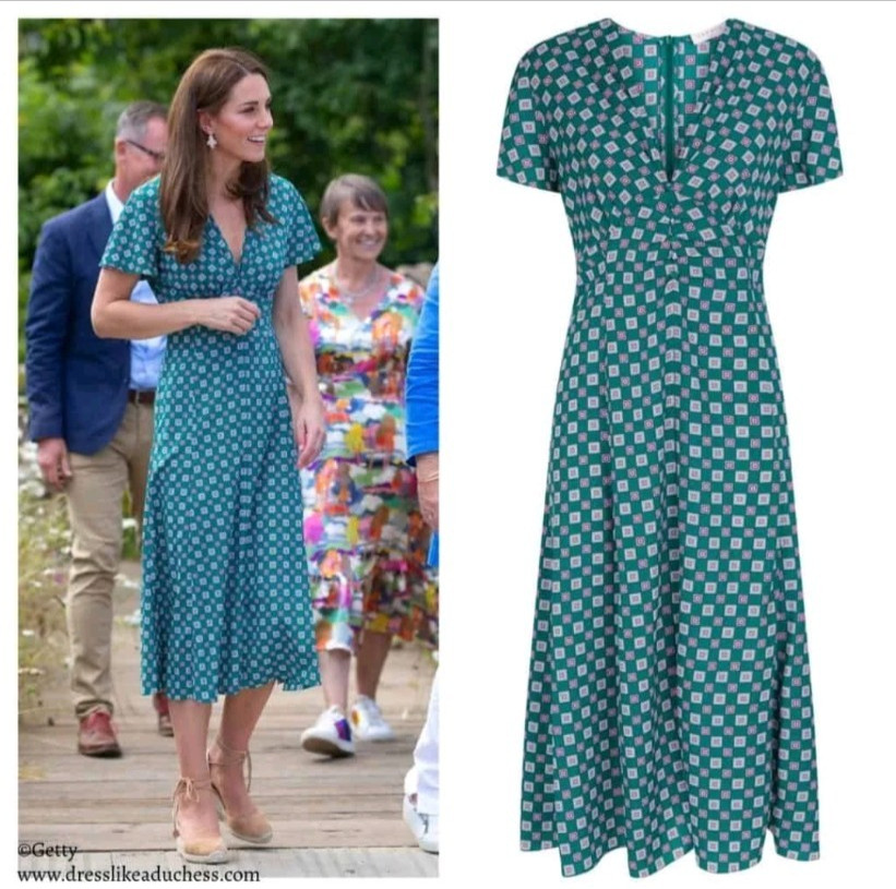 SANDRO Geo Tile Green Midi Dress Uk 12 Us 8 Aso Kate Middleton Princess Royal