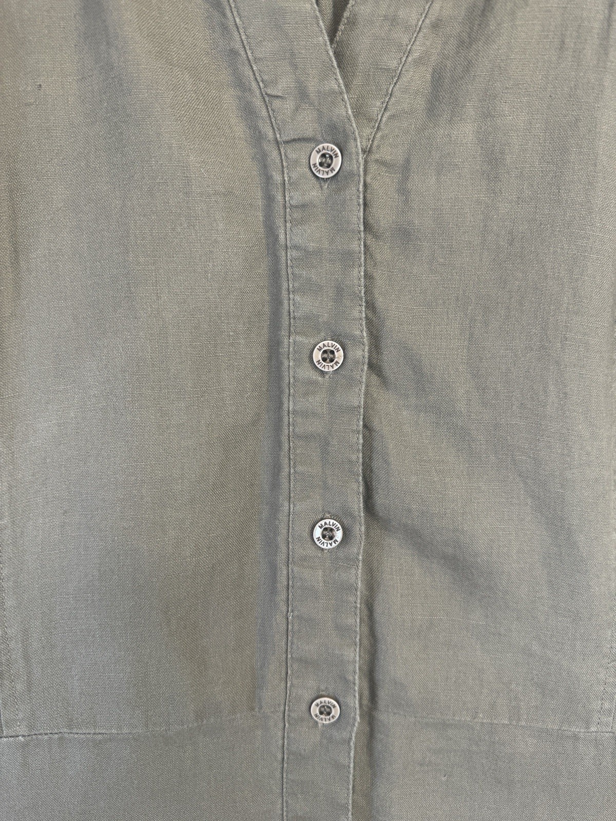 Malvin 100% Linen Sleeveless Button Midi Dress S Gray Belted Fit Flare Casual