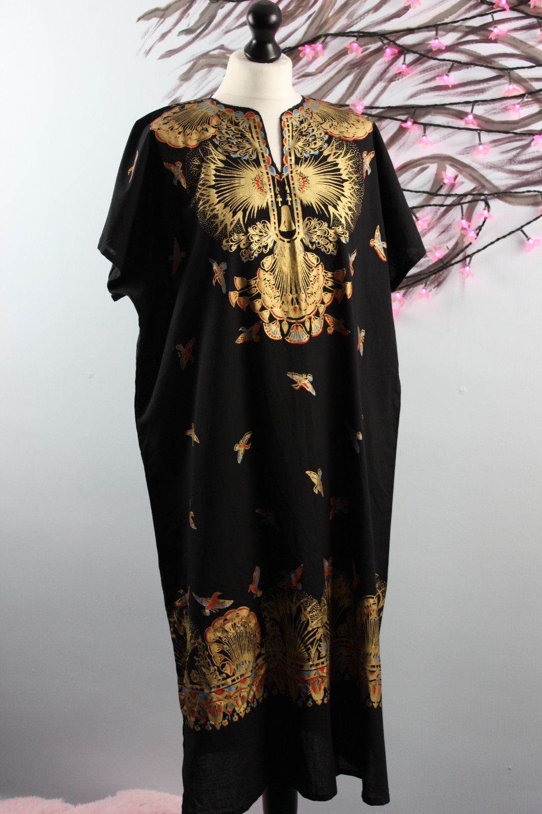 Egyptian Galabeya Kaftan Icarus Ankh Print size 4 Cotton Black Gold