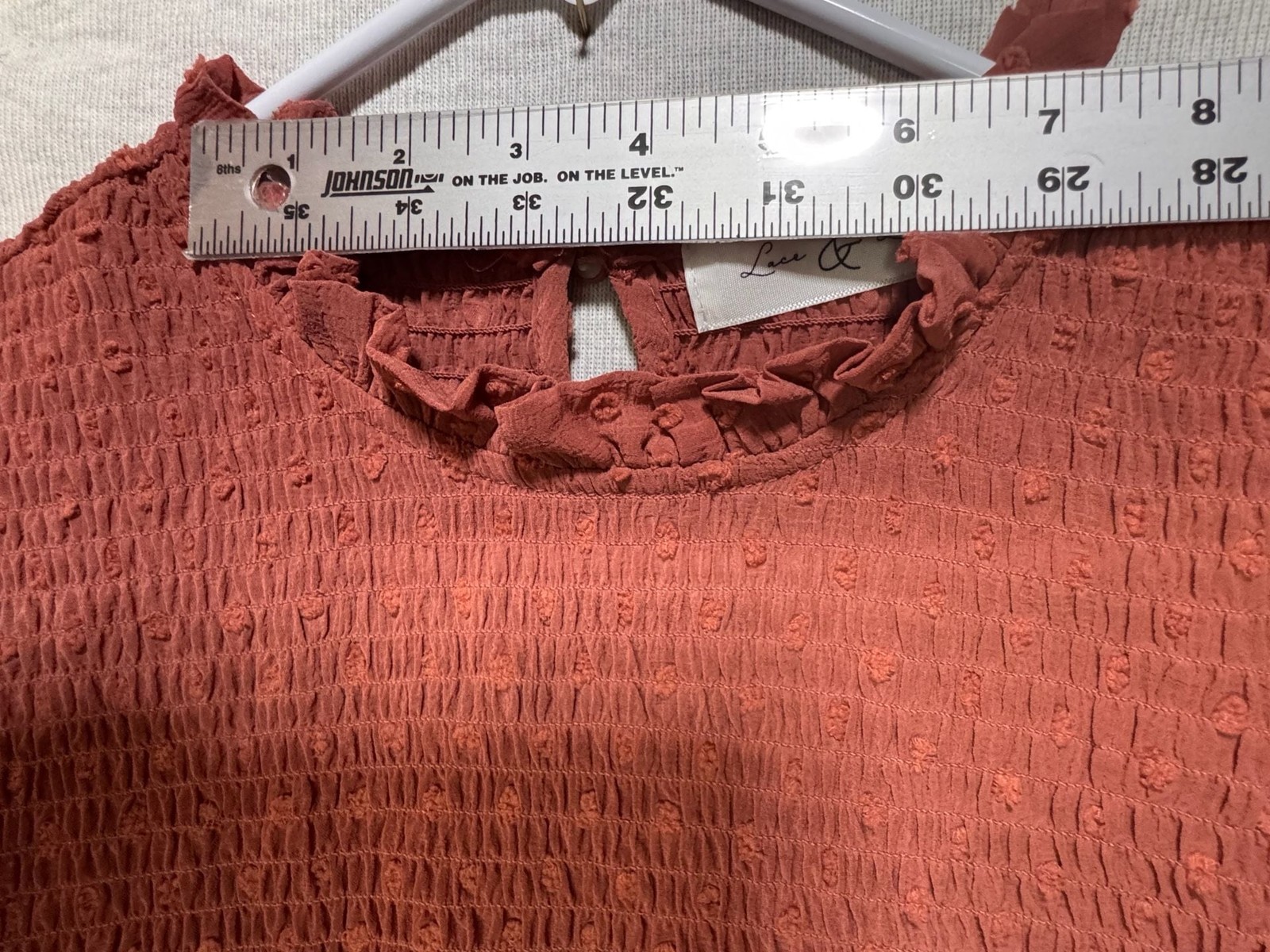 S – Lace & Lilac Long Sleeve Smocked Tiered Midi Dress in Rust