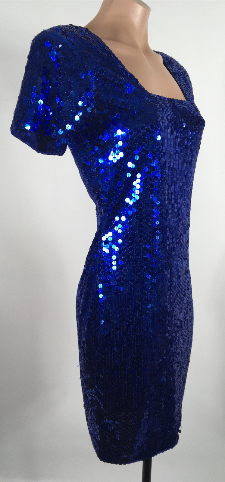 Vintage 90s 80s Blue Square Neck Sequin Dress Blue Party Nite Line Sexy Cocktail