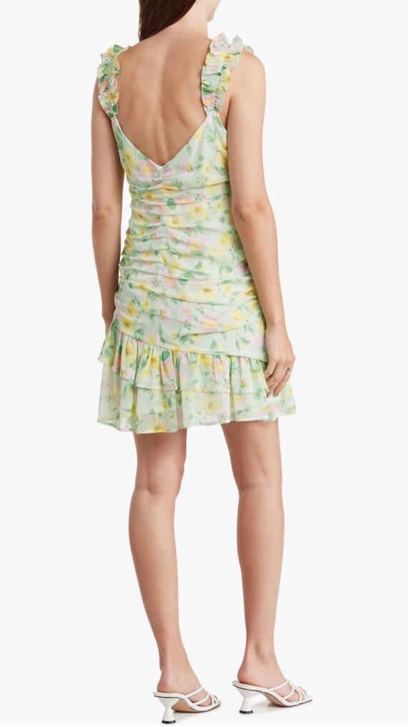 Elodie Floral Mini Chiffon Ruched Ruffle Dress Green Lined Sleeveless Women XL