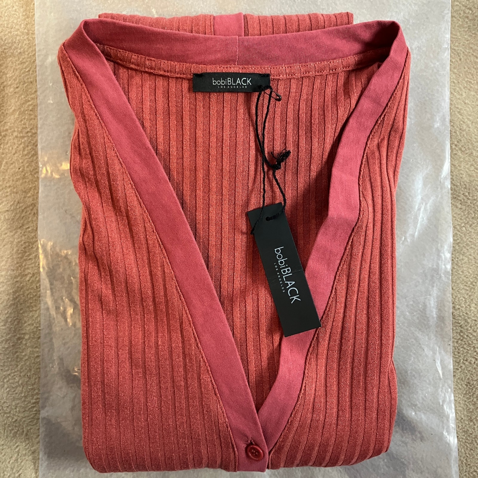 Bobi Black Los Angeles Ribbed Button-Front Midi Dress Women’s Size S Terracotta