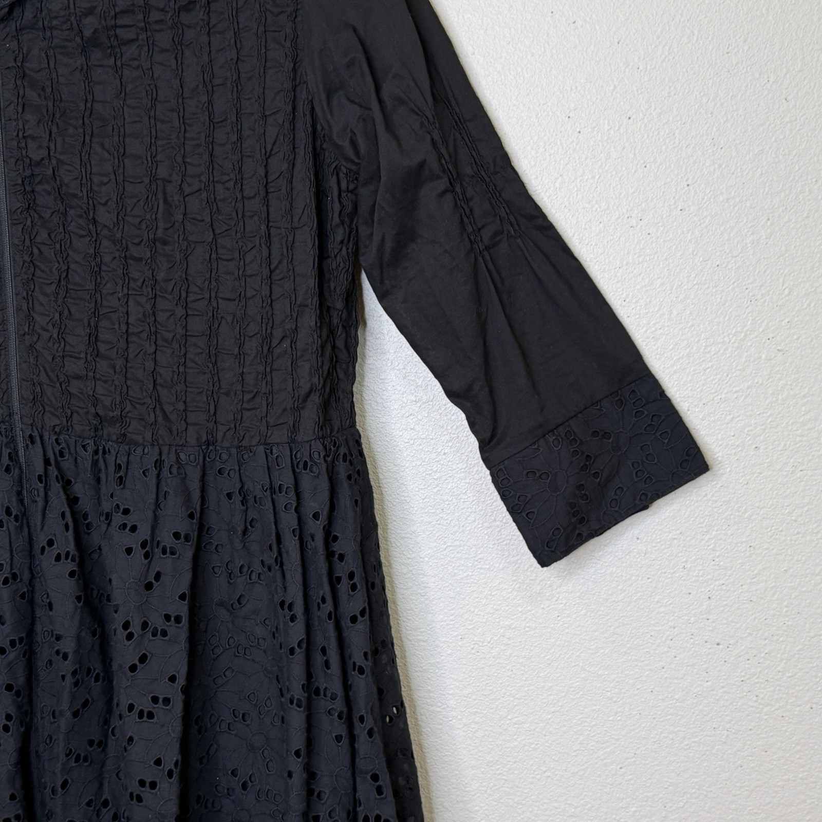 Samuel Dong Bubble Dress Size Medium Black Eyelet 3/4 Sleeve Collar Zip Front