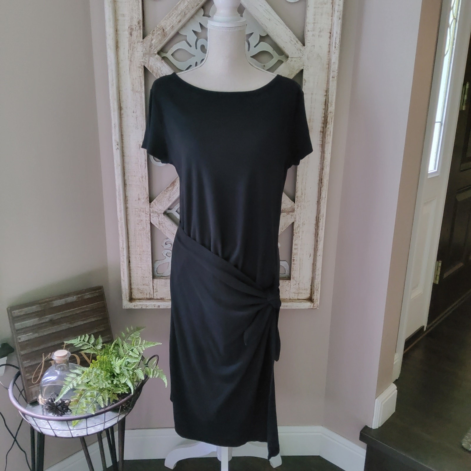New Caslon Stretch Rib Cotton Tie Sarong Wrap Midi Dress in Black Asymmetric S