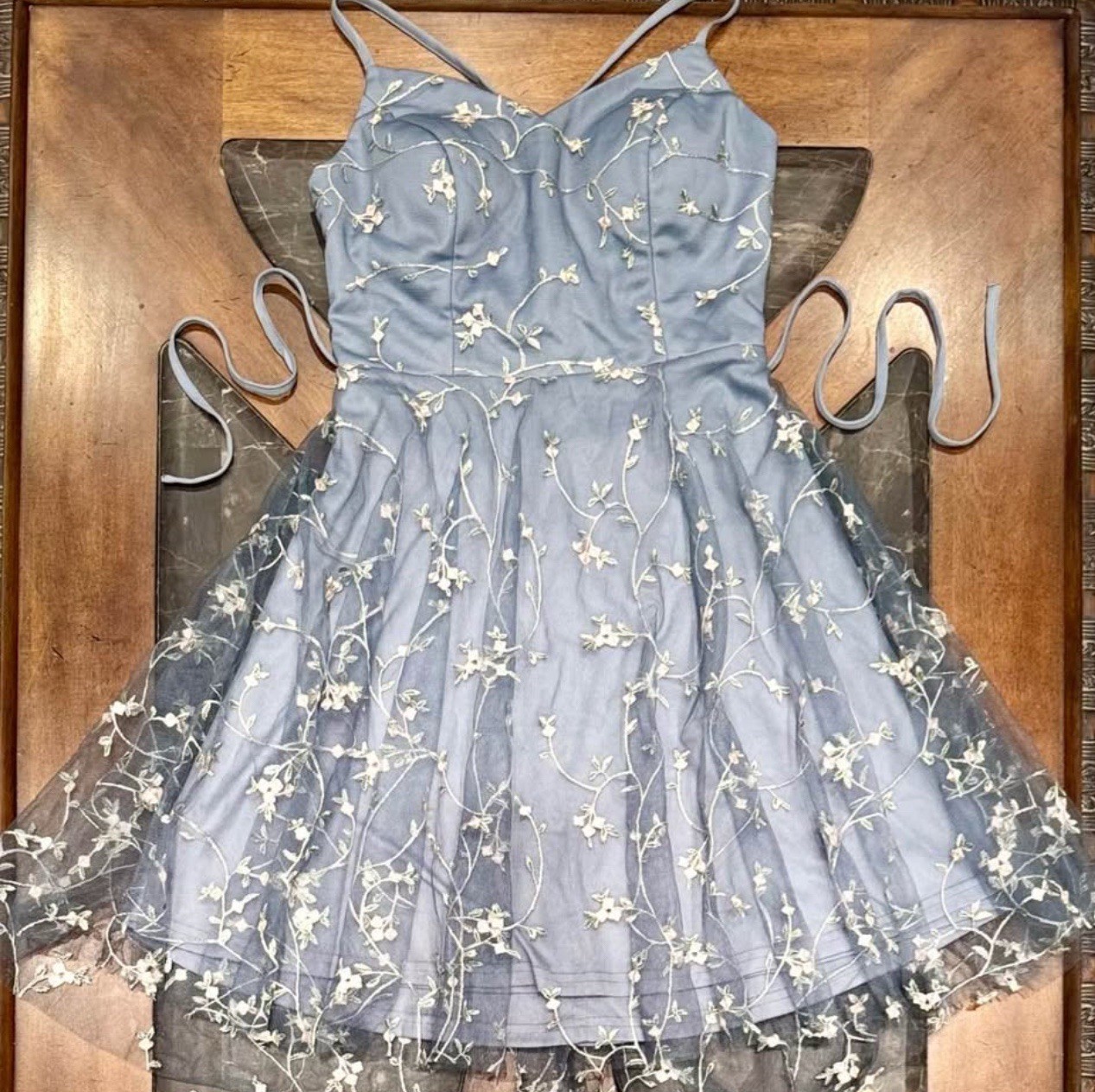 Dusty Blue Embroidered Adjustable Mini Cami Dress Size Small