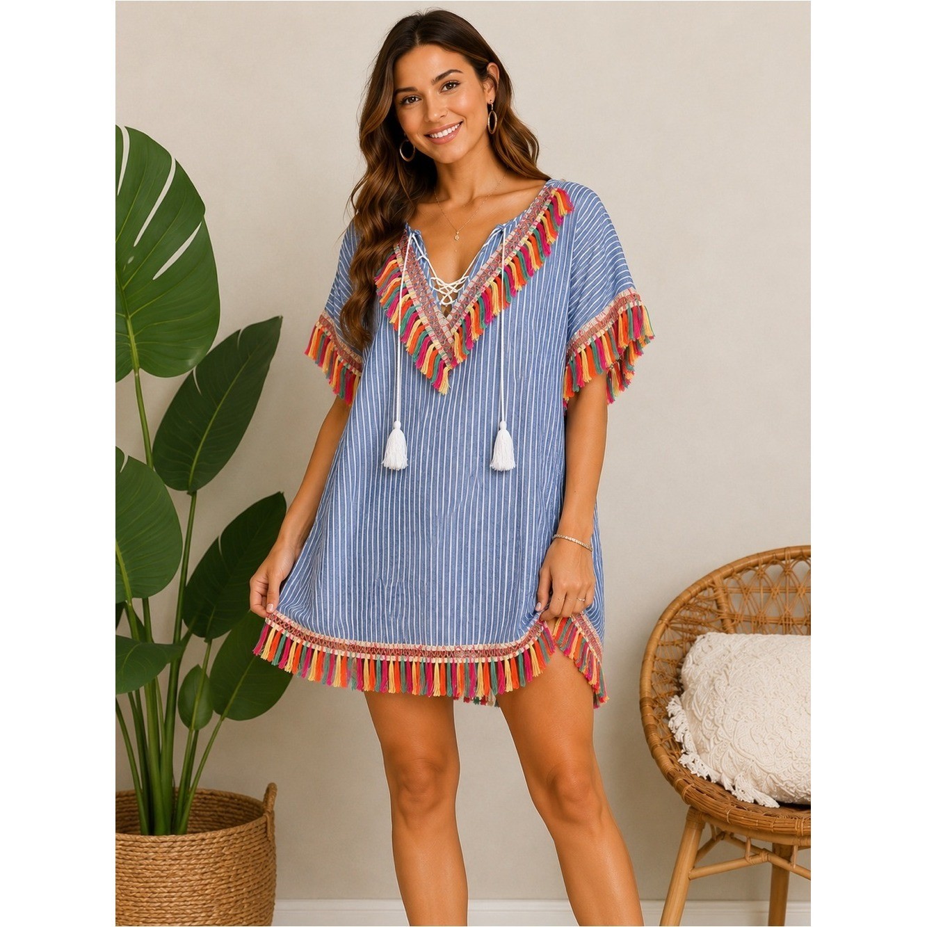 Entro Striped Tassel Cover-Up Tunic | Size Large | Resort Beach Wear Cover Up