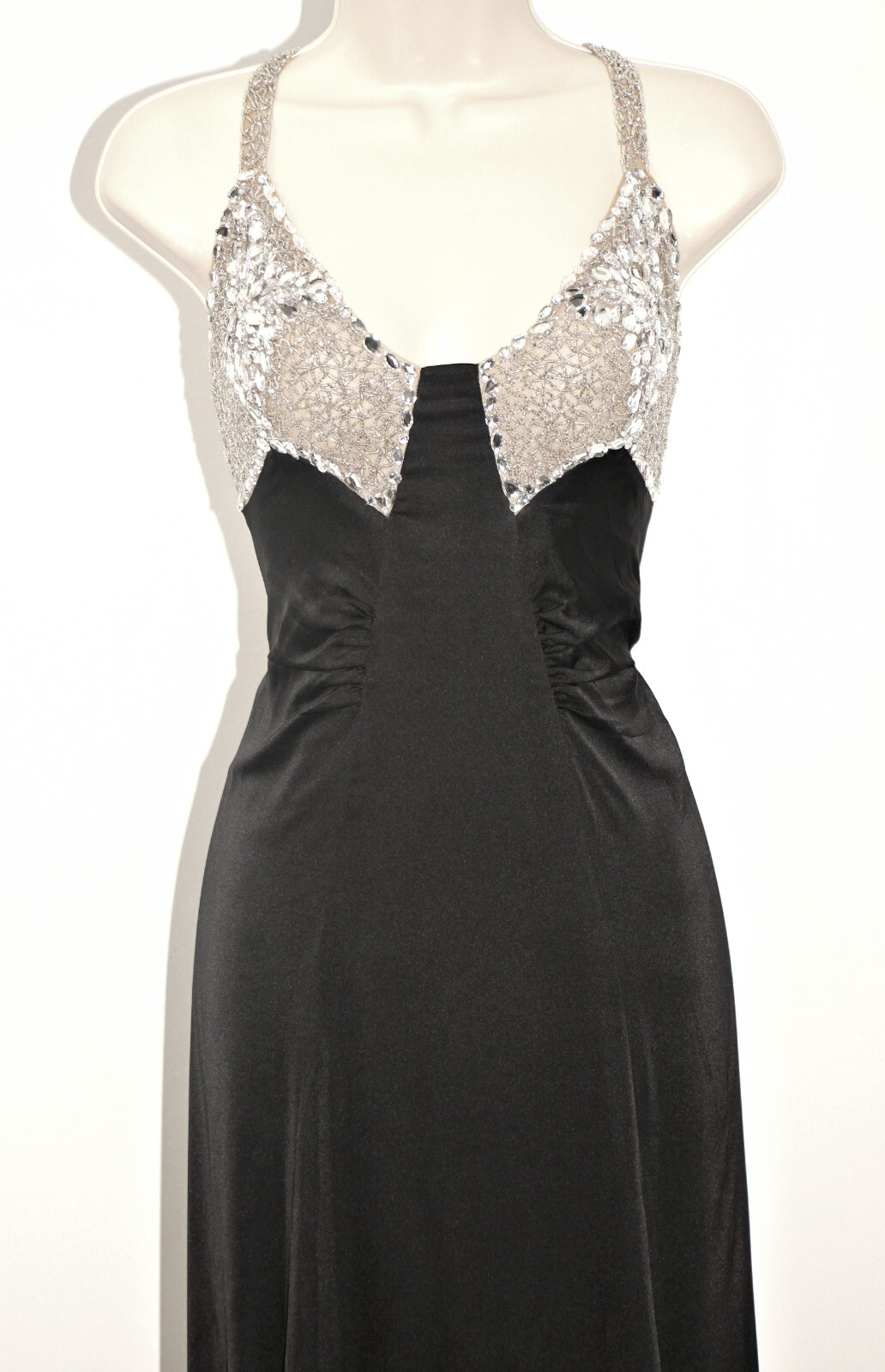 PatBO crystal-beaded side-high-slit open-back black satin gown sz 10 $995