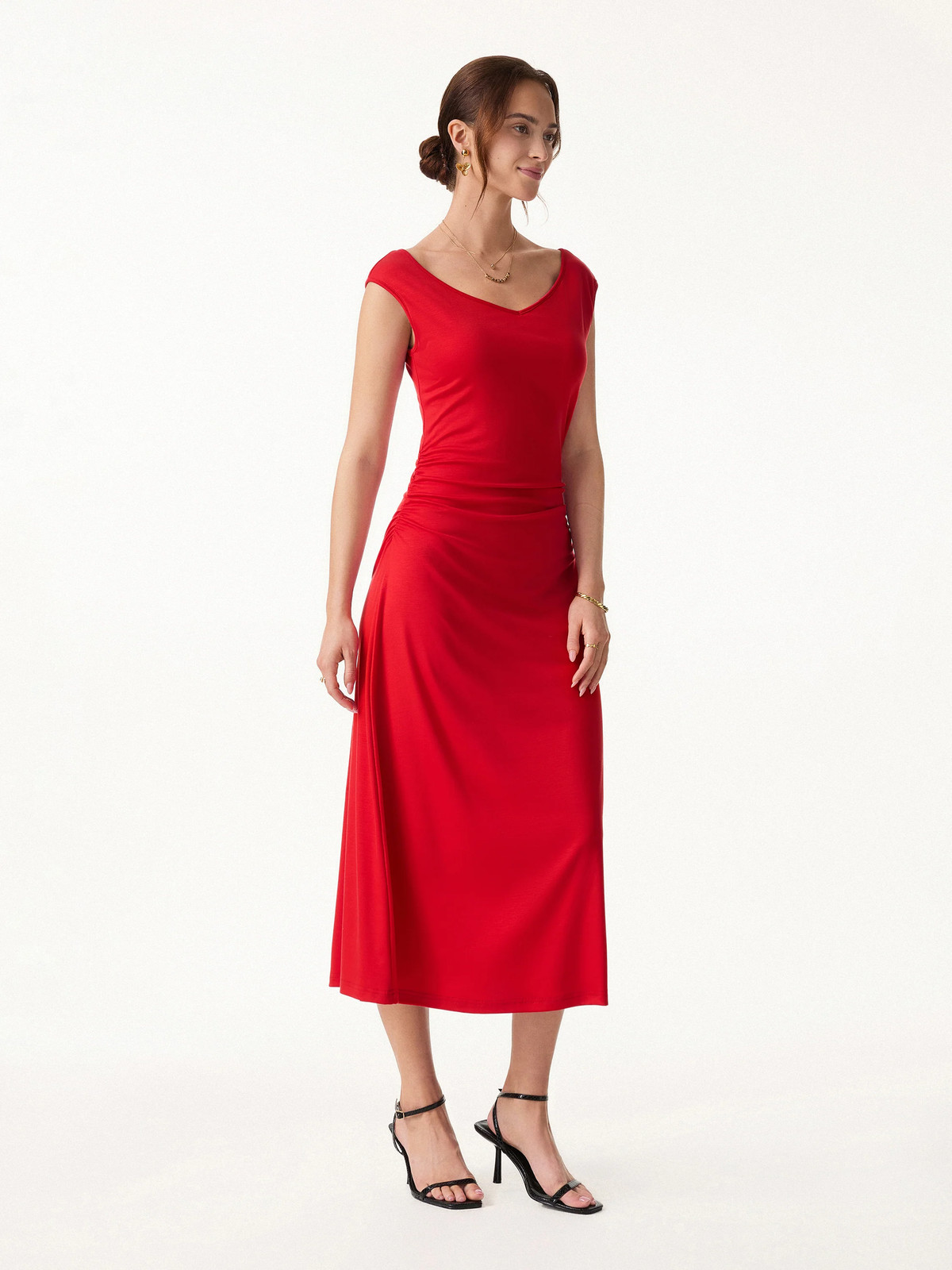 Cooling Lyocell V-Neck Ruched Midi Bra Dress