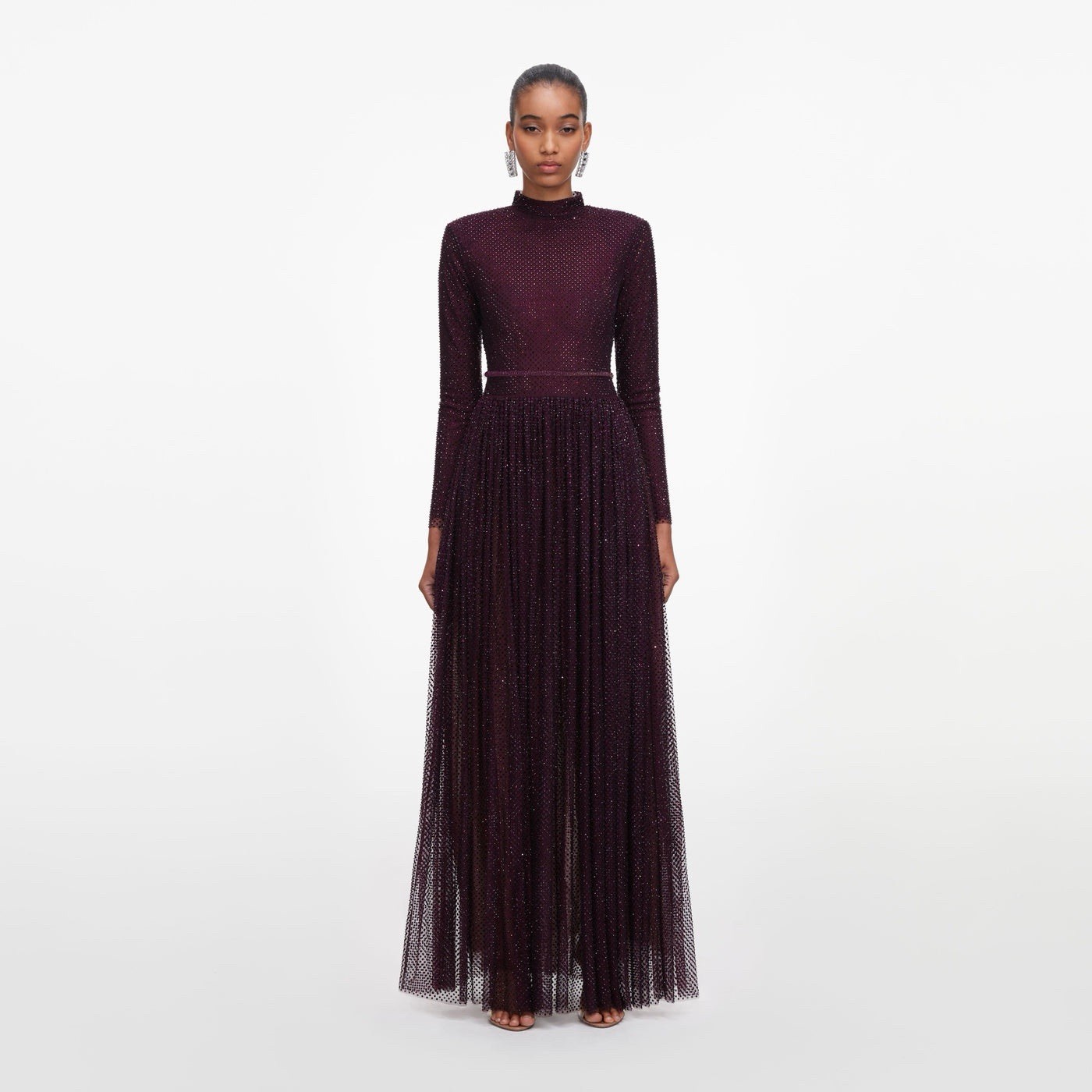 Self Portrait MAXI DRESS RHINESTONE LONG SLEEVE BURGUNDY $ 1060 Size US 2 UK 6