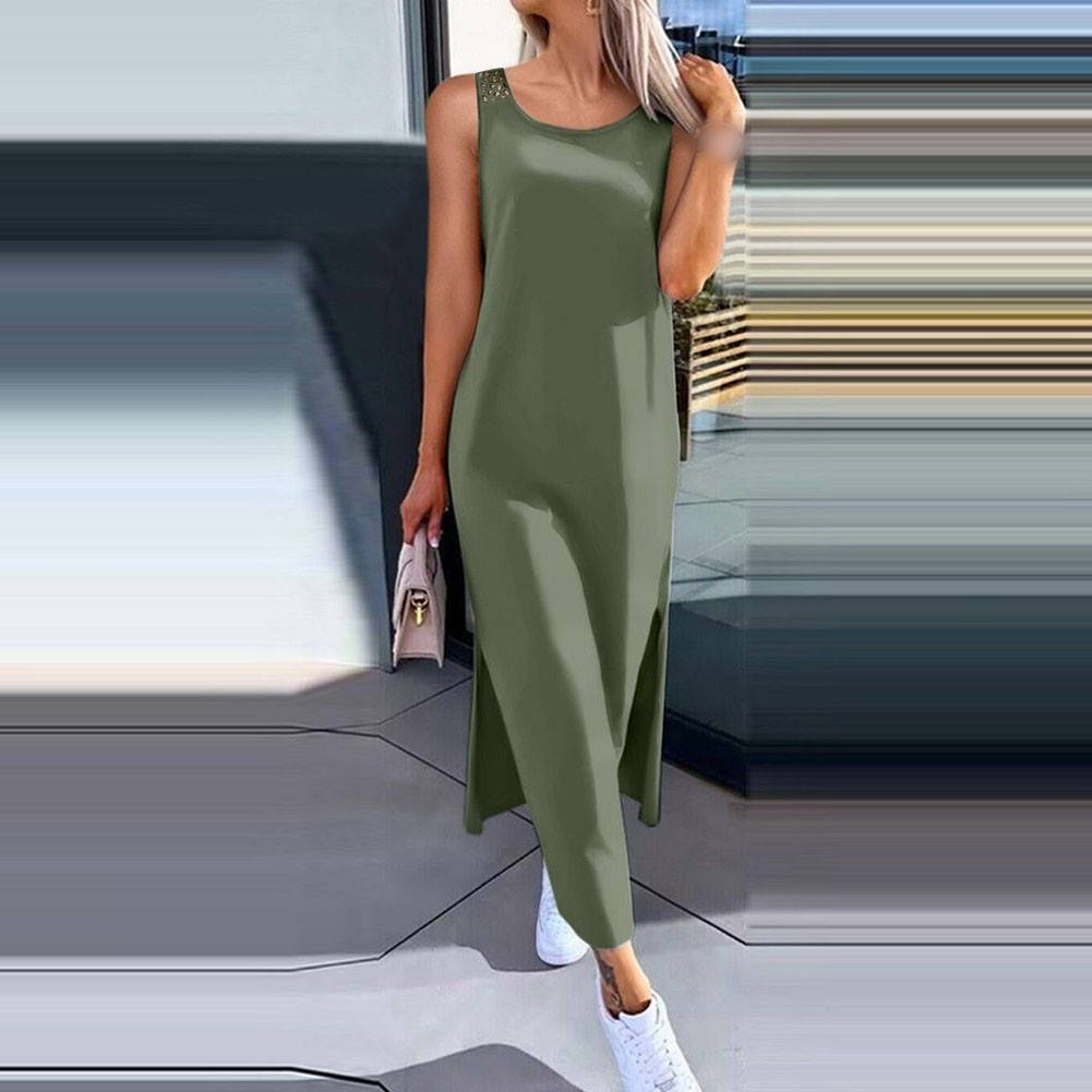 Women’s Openwork Sleeveless Slit Vest Dress Over The Knee