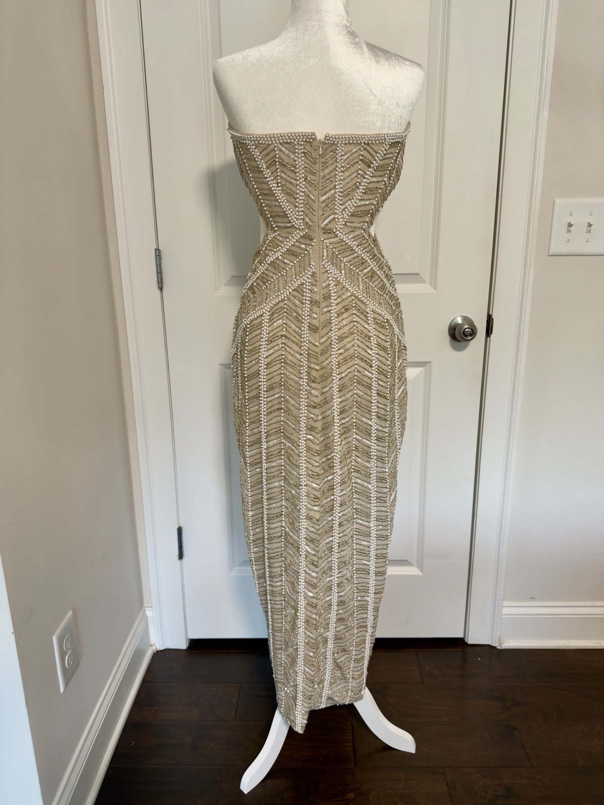 ASOS DESIGN Beige Strapless Beaded Sequin Cut Out Maxi Dress Long US 10