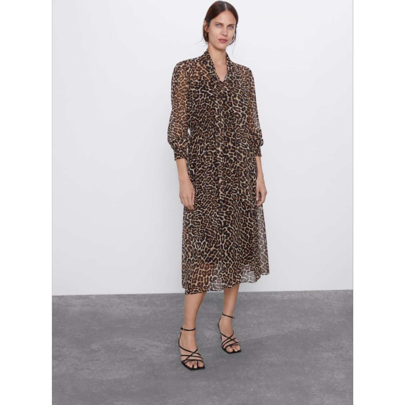 ZARA Cheetah Print Long Dress With Neck Tie Women’s Size XS
