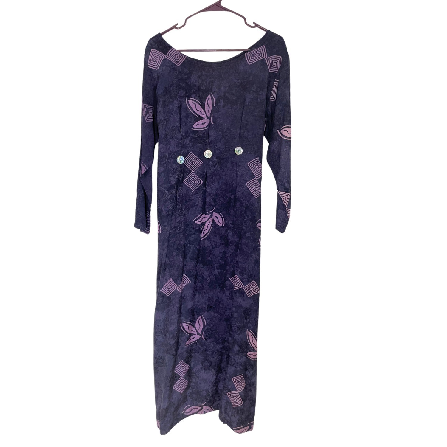 Vtg Thin Air Maxi Dress S Purple Shimmering Floral Print Art to Wear Festival