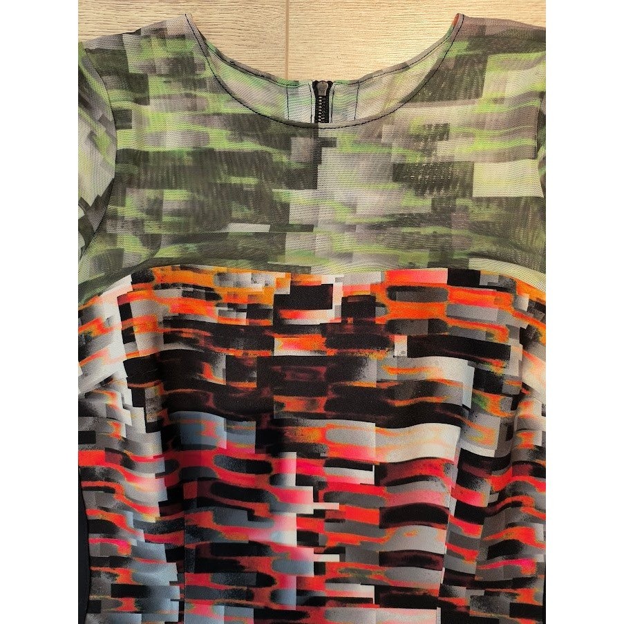 Rickie Freeman Teri Jon Multi Color Digital Glitch Print Mesh Sleeve Dress 6