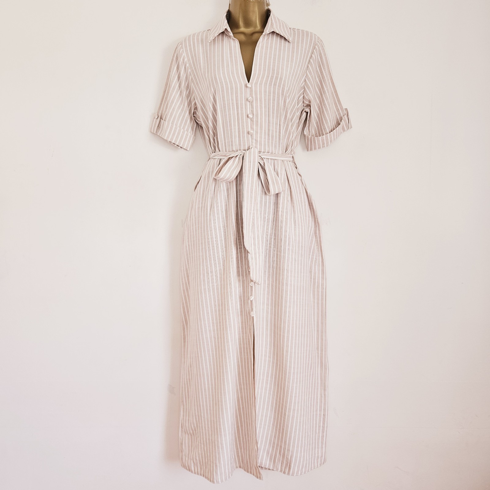 NEW Ex ROMAN 10-22 Striped Button Front Belted Beige Pink White Midi Shirt Dress