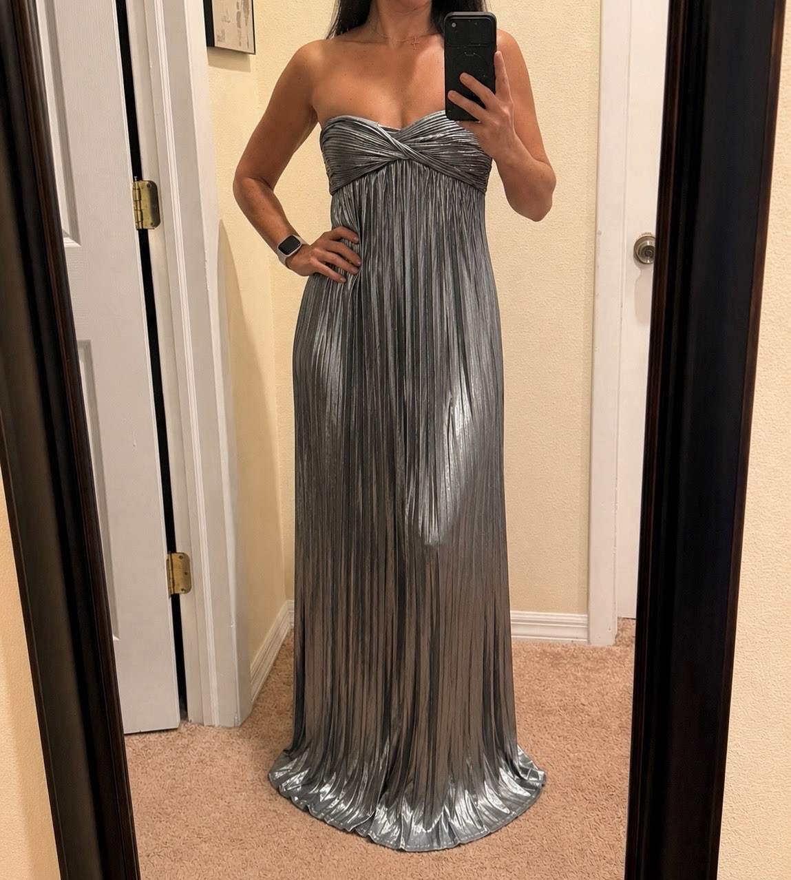 B Silver Strapless Sweetheart Pleated Maxi Dress Polyester Size L