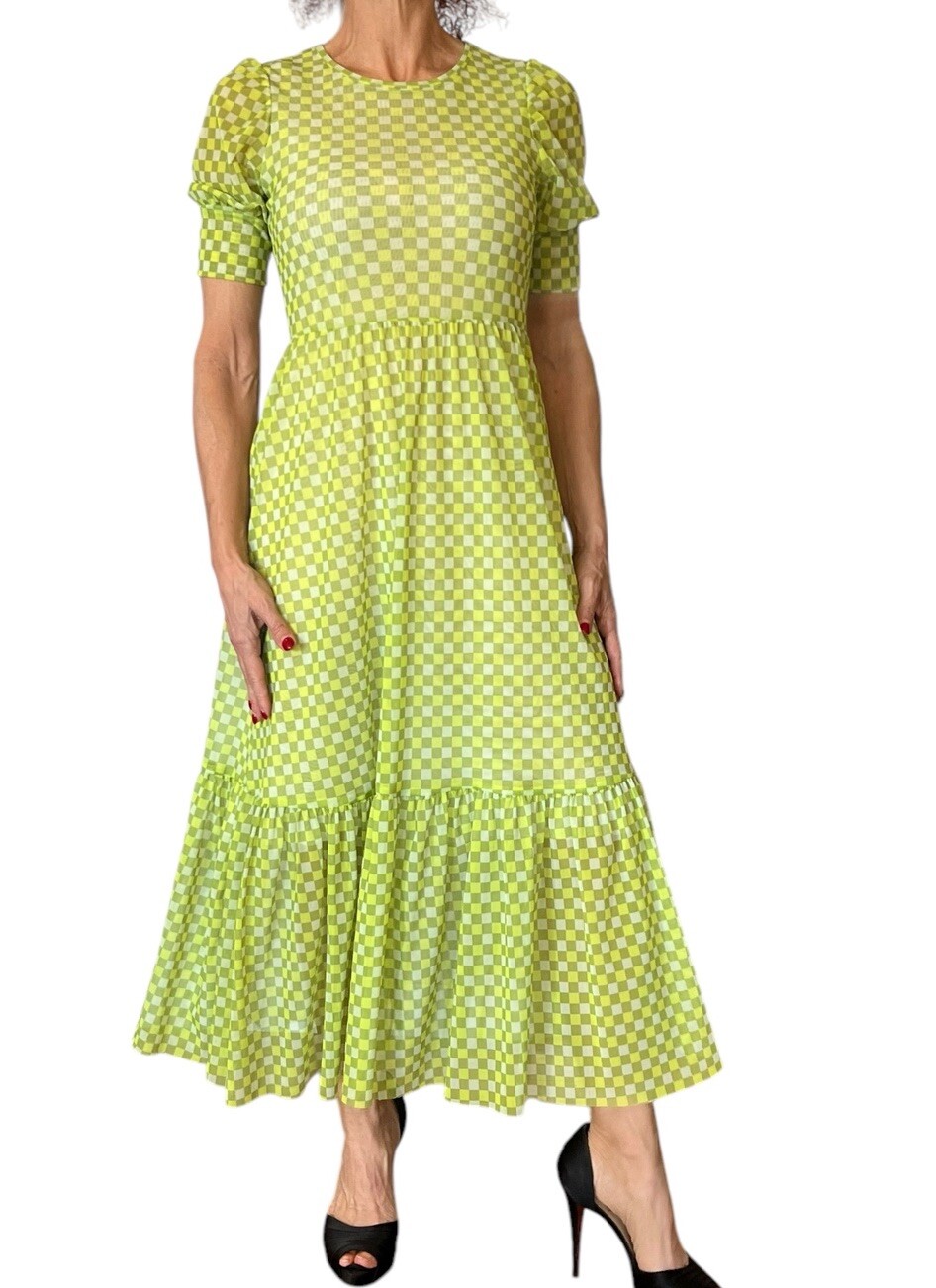BAUM UND PFERDGARTEN Jocelyn Puff Sleeve Midi Tiered Mesh Green Check Sulphur XS
