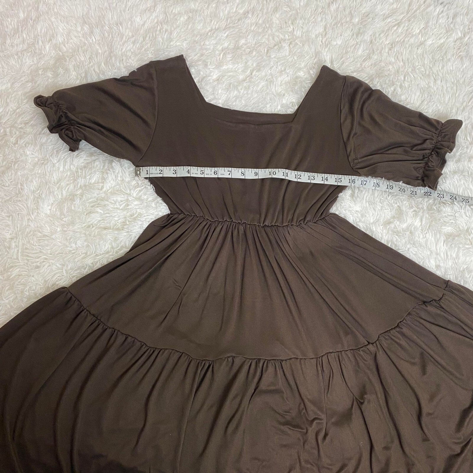 Puff Sleeve Square Neck Long Dress for Women, Fits Small to Medium,Brown