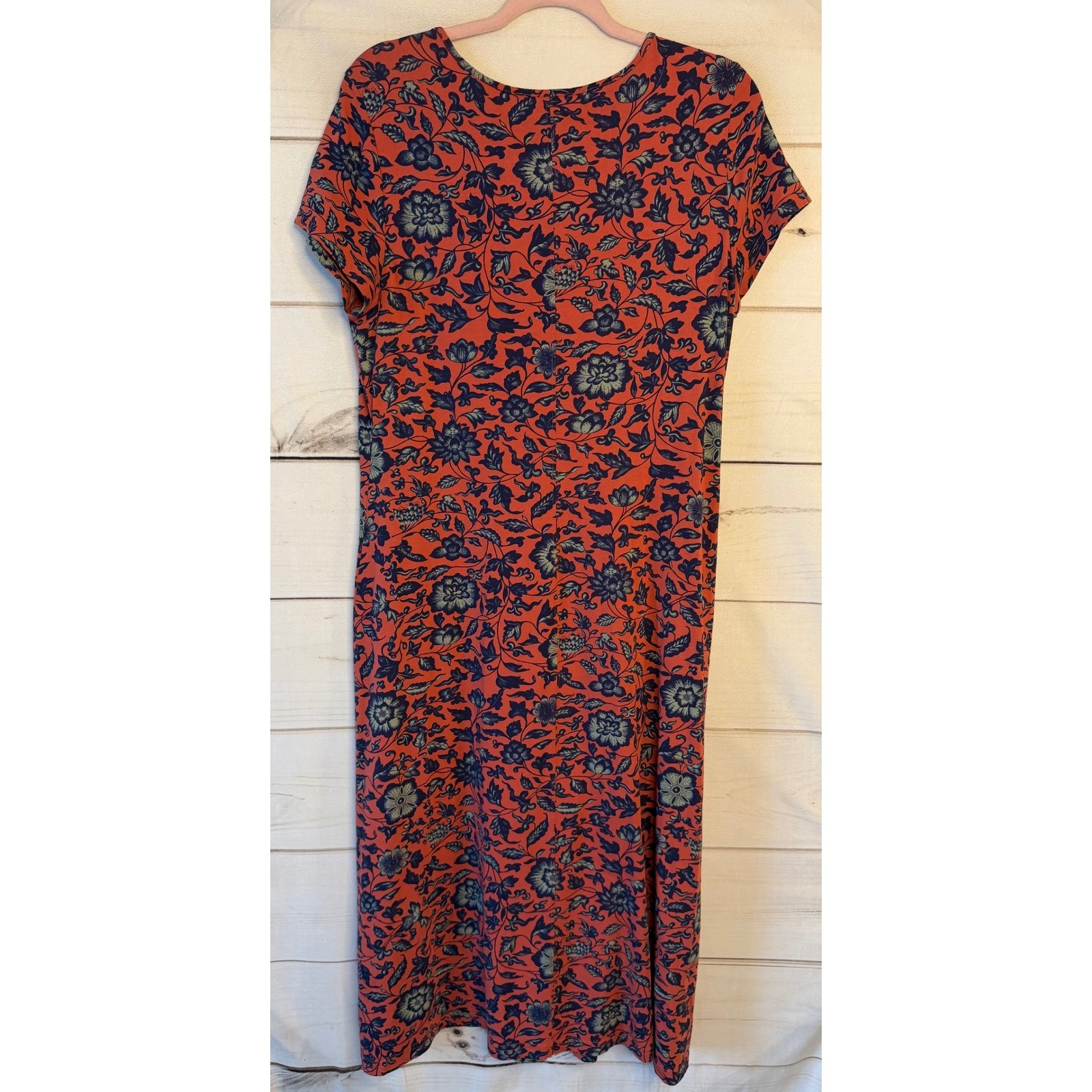 Peruvian Connection Womens Large Floral Cotton Lycra Midi Dress Orange Navy Blue
