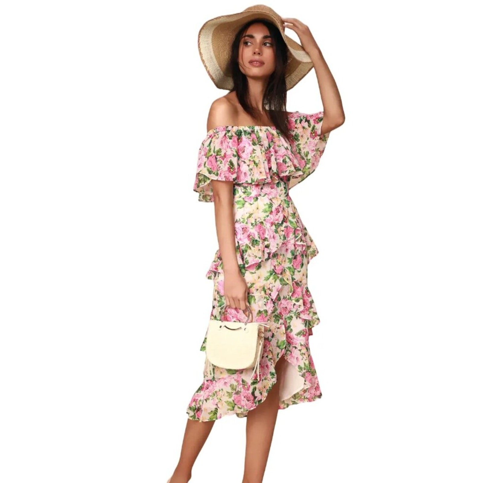 NEW WAYF Lira White Floral Off The Shoulder Ruffled Midi Dress WOMEN’S MEDIUM
