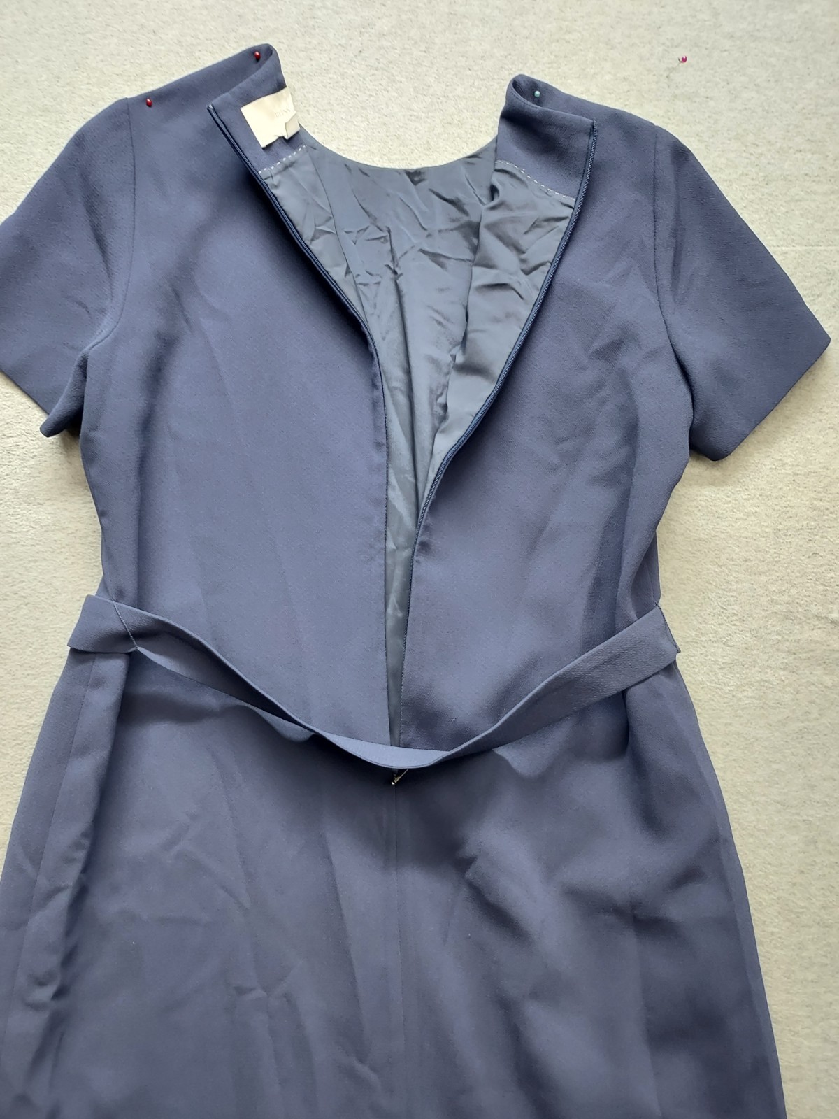 Hugo Boss Women Shift Dress 12 Blue Back Zipper Tie Waist Short Sleeve Cocktail