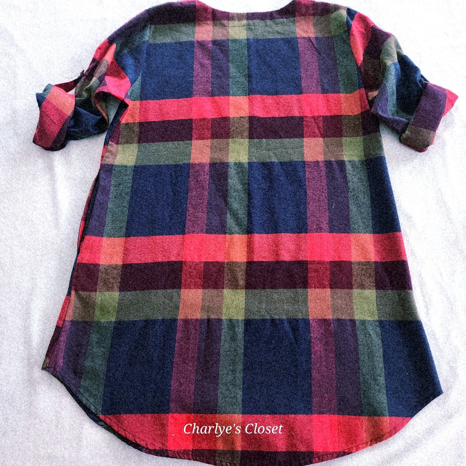 Vibrant Plaid Roll Tab Sleeve Pocket Casual Flannel-look Tunic Shirtdress Fits L