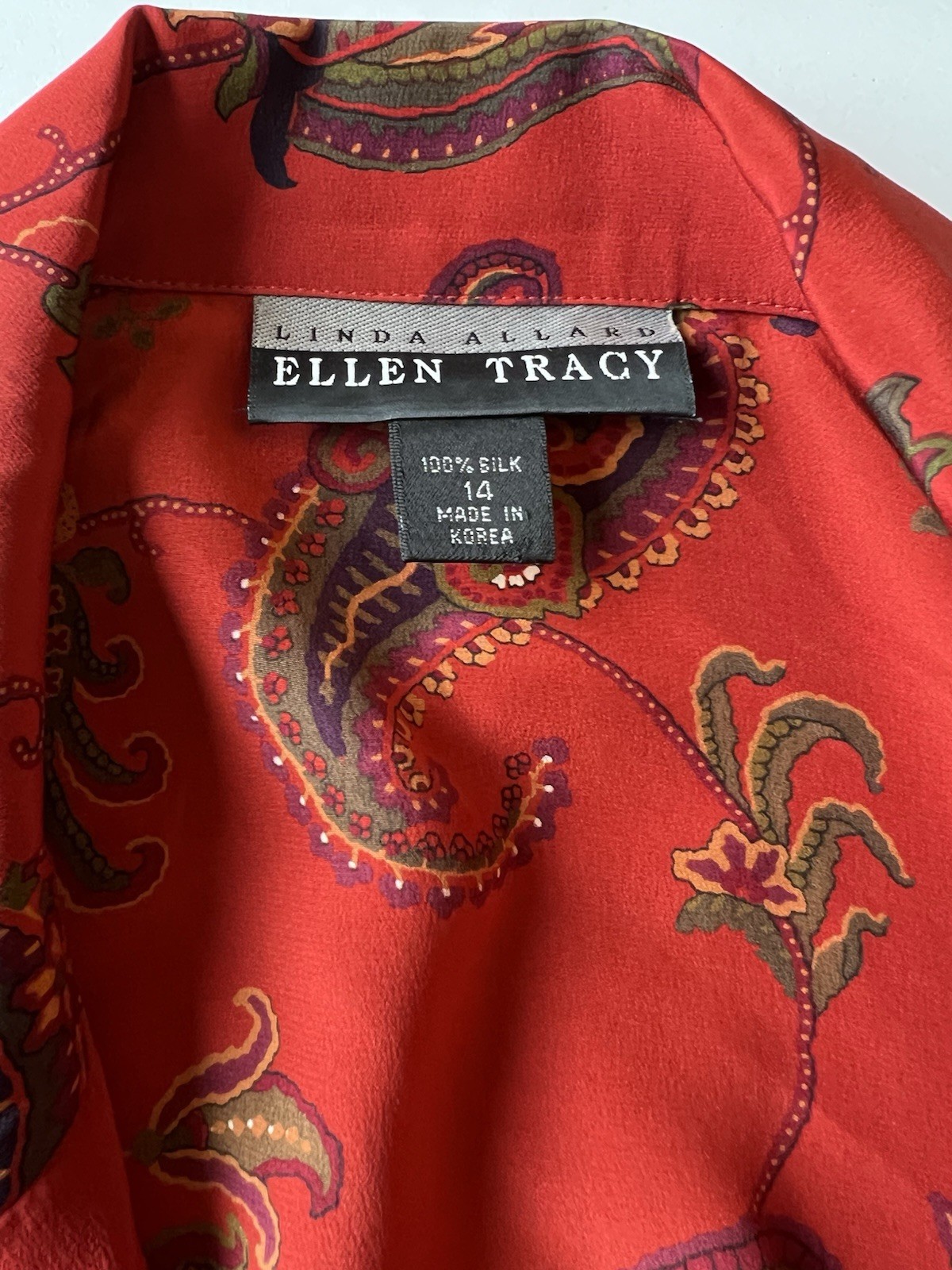 Vtg Linda Allard Ellen Tracy 100% Silk Paisley Dress Red Shirtdress Size 14