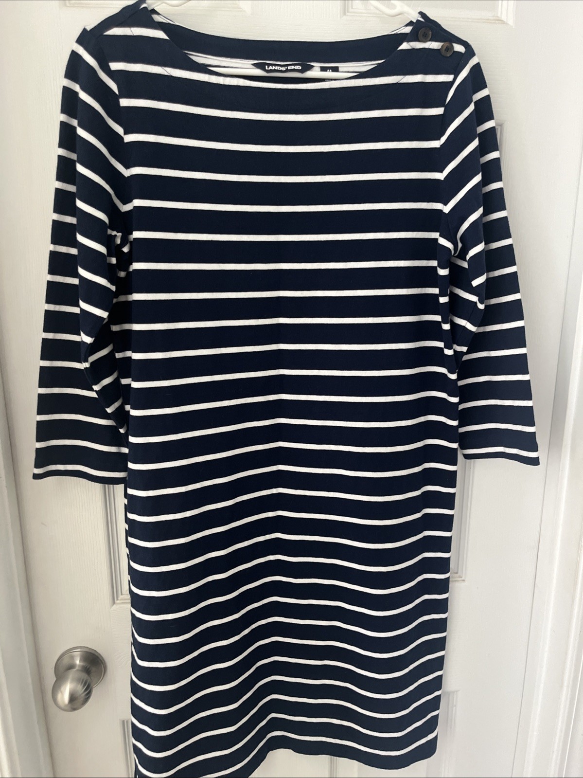 Lands’ End Women’s Shift Dress Navy White Striped 100% Cotton Nautical Classic