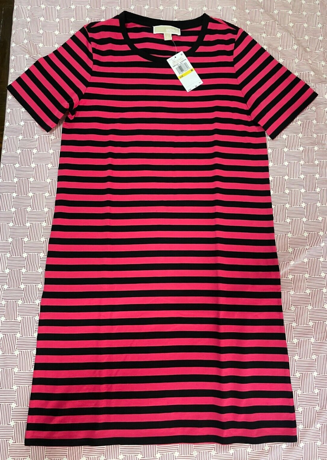 Michael Kors Black Neon Pink Strip Shirt Dress Women Medium New with Tags