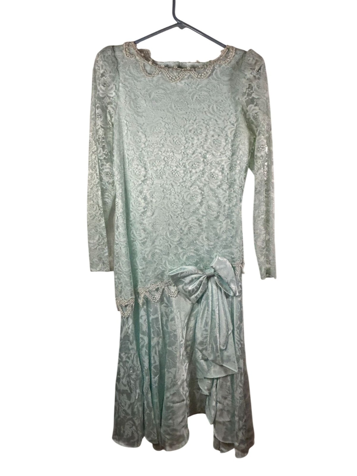 After Dark Dress Mint Green Lace Bow Beaded Size 5/6 USA Made Coquette Glam