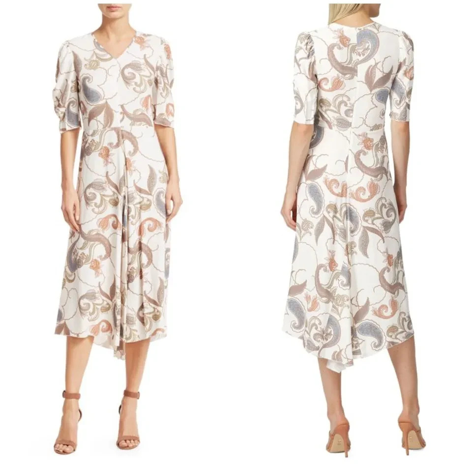 See By Chloe Dress White Paisley Back Zip V-neck Short Sleeves Maxi Size 42