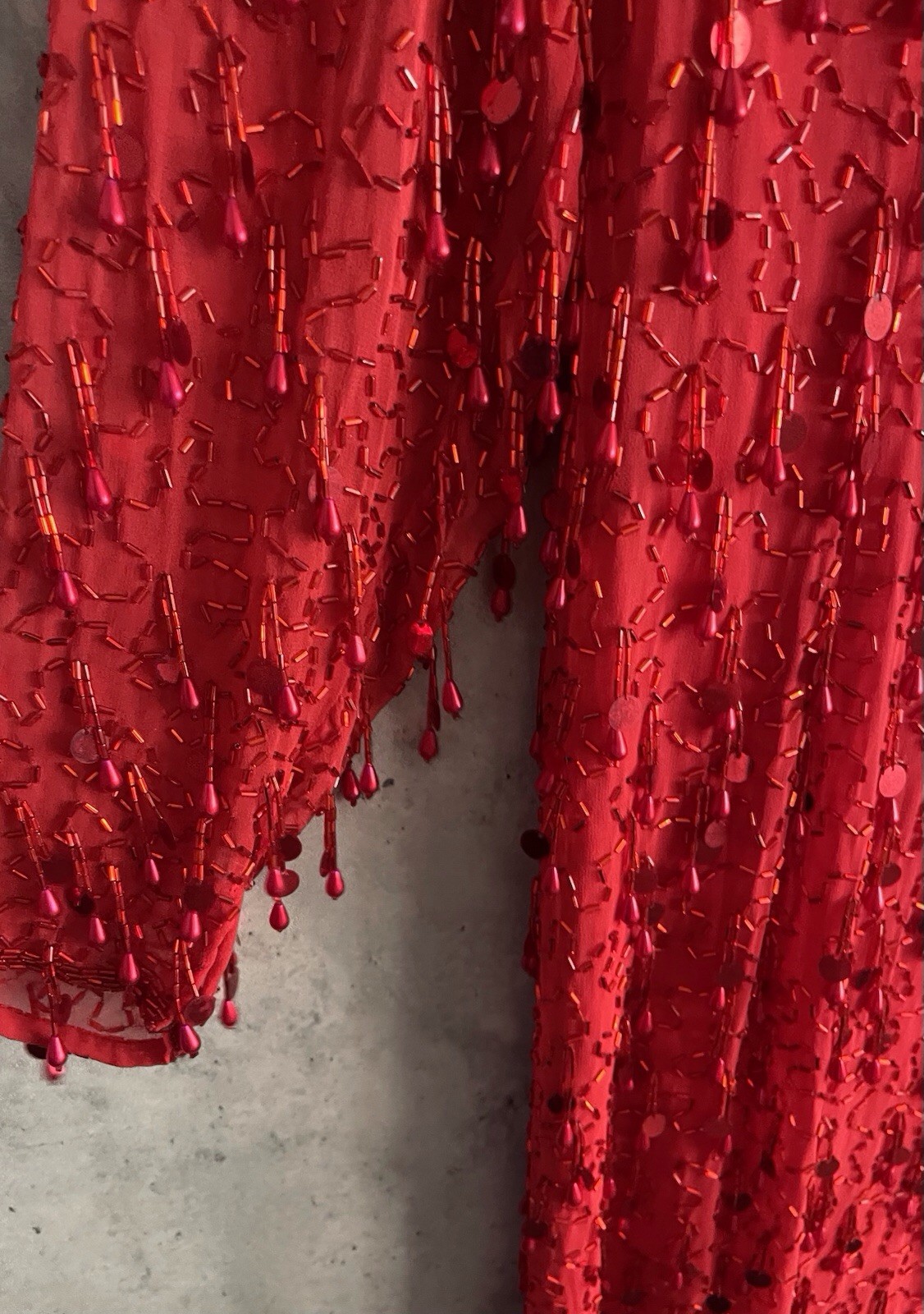 Vintage 90s Oleg Cassini Red Beaded Sequin Fringe Silk Evening Gown Dress 4