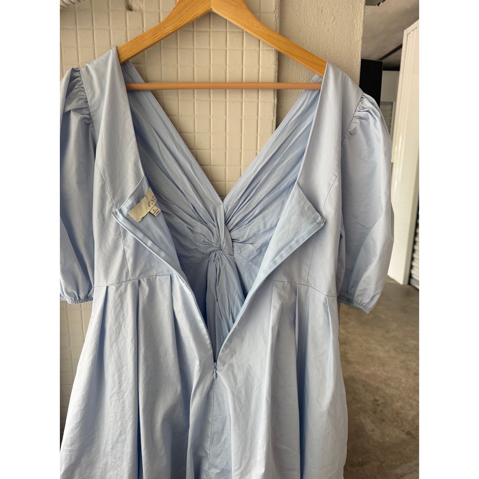 PINCH Light Blue Pastel Twist Front Puff Sleeve Bubble Hem Babydoll Mini Dress L