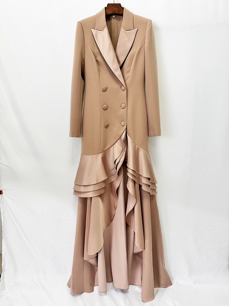 Women’s Elegant Double Breasted Blazer Maxi Evening Dress – Ruffle Mermaid Forma