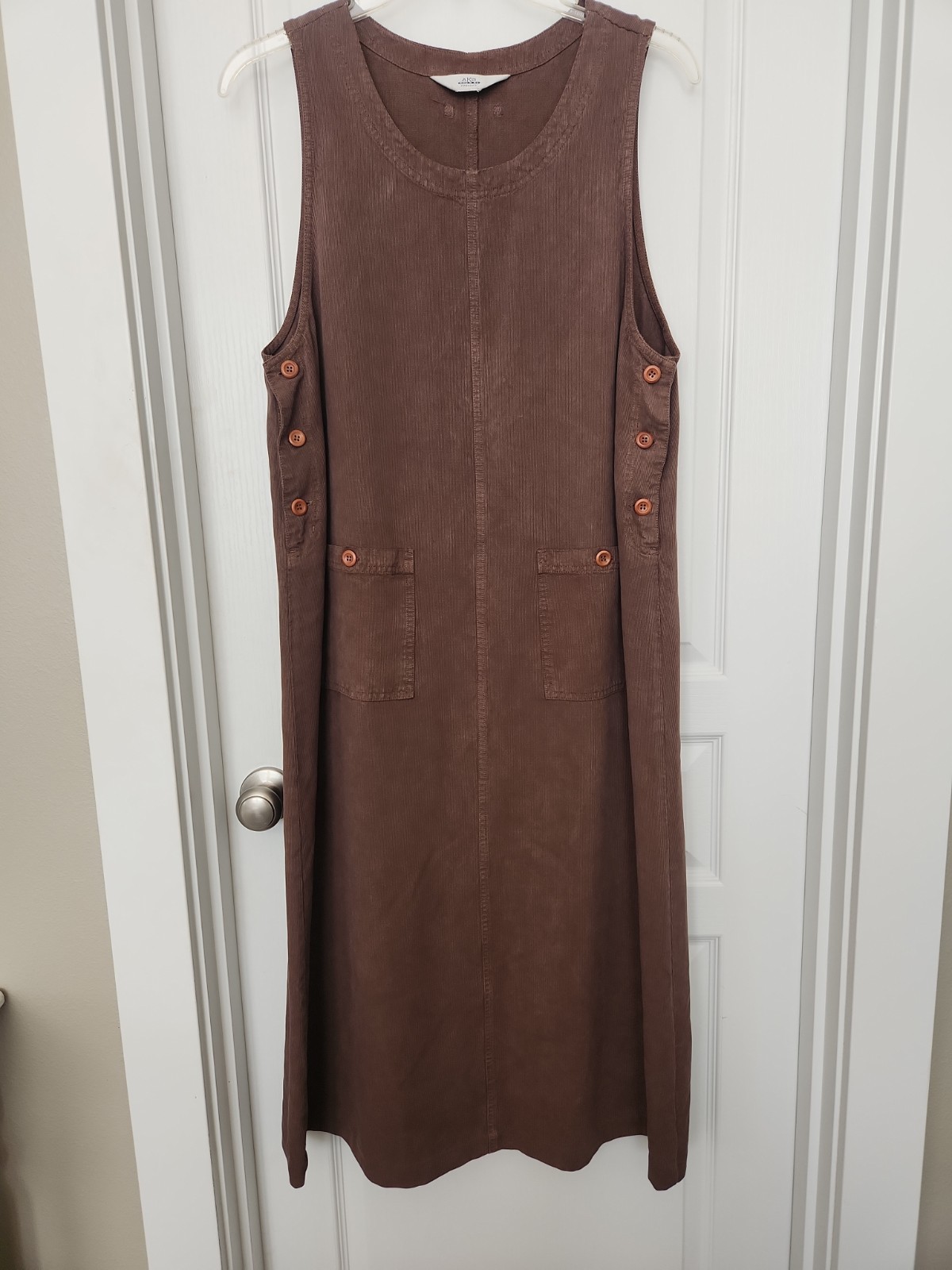 Vtg AKS Amy K Su Womens Large Pinafore Jumper Dress Pockets Fine Corduroy Brown