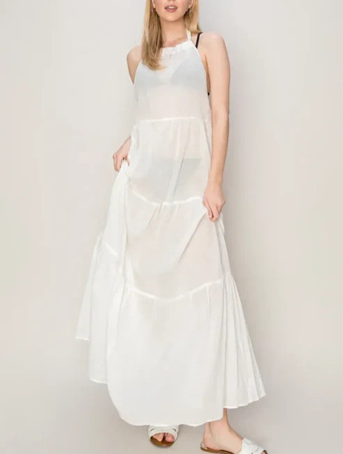 Semi-Sheer Halter Summer Cover-Up Maxi Dress (white) 100% Cotton