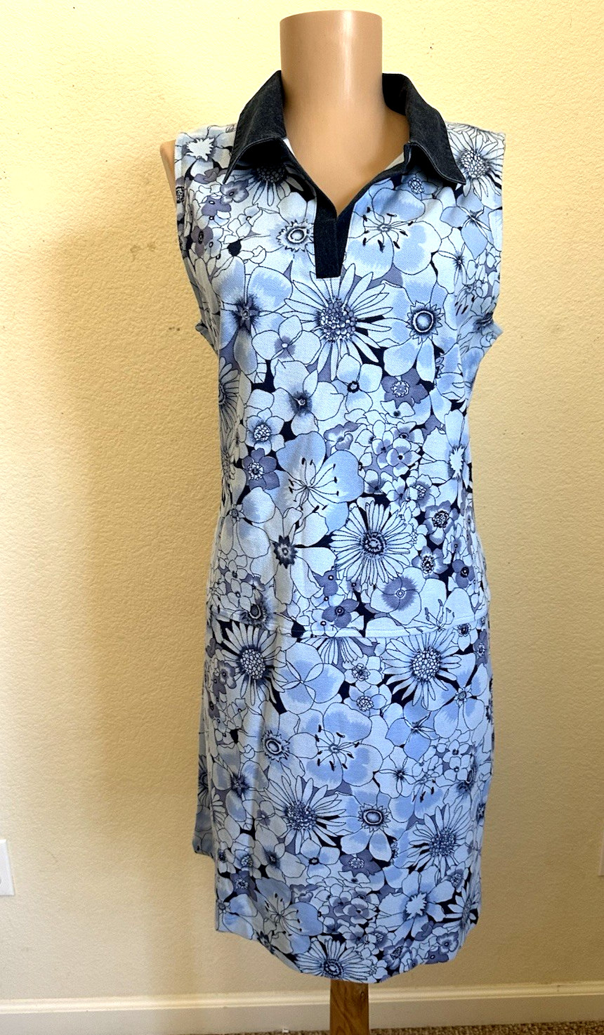 Vintage Talbots Petites Blue Floral Polo Dress M Cotton Sleeveless Preppy Golf