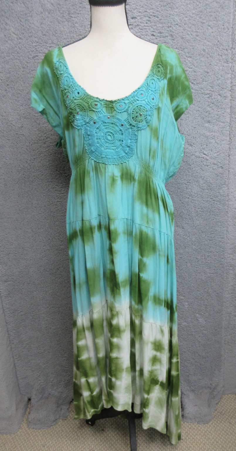 Live And Let Live Tie Dye Crochet Maxi Dress Women XL Green Blue Boho Festival