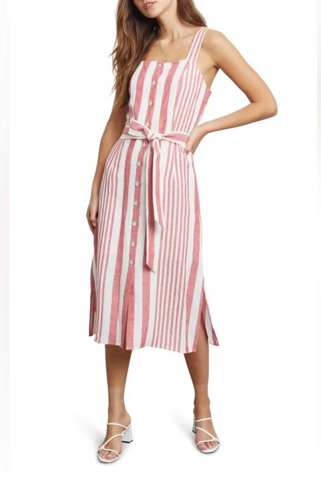 Rails Clement Dress M Medium Montreal Stripe Tie Waist Linen Rayon Blend Midi