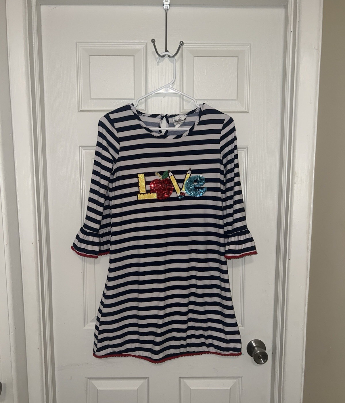 Rare Editions Navy White Striped Shift Dress Back to School “LOVE” Ruffle Trim