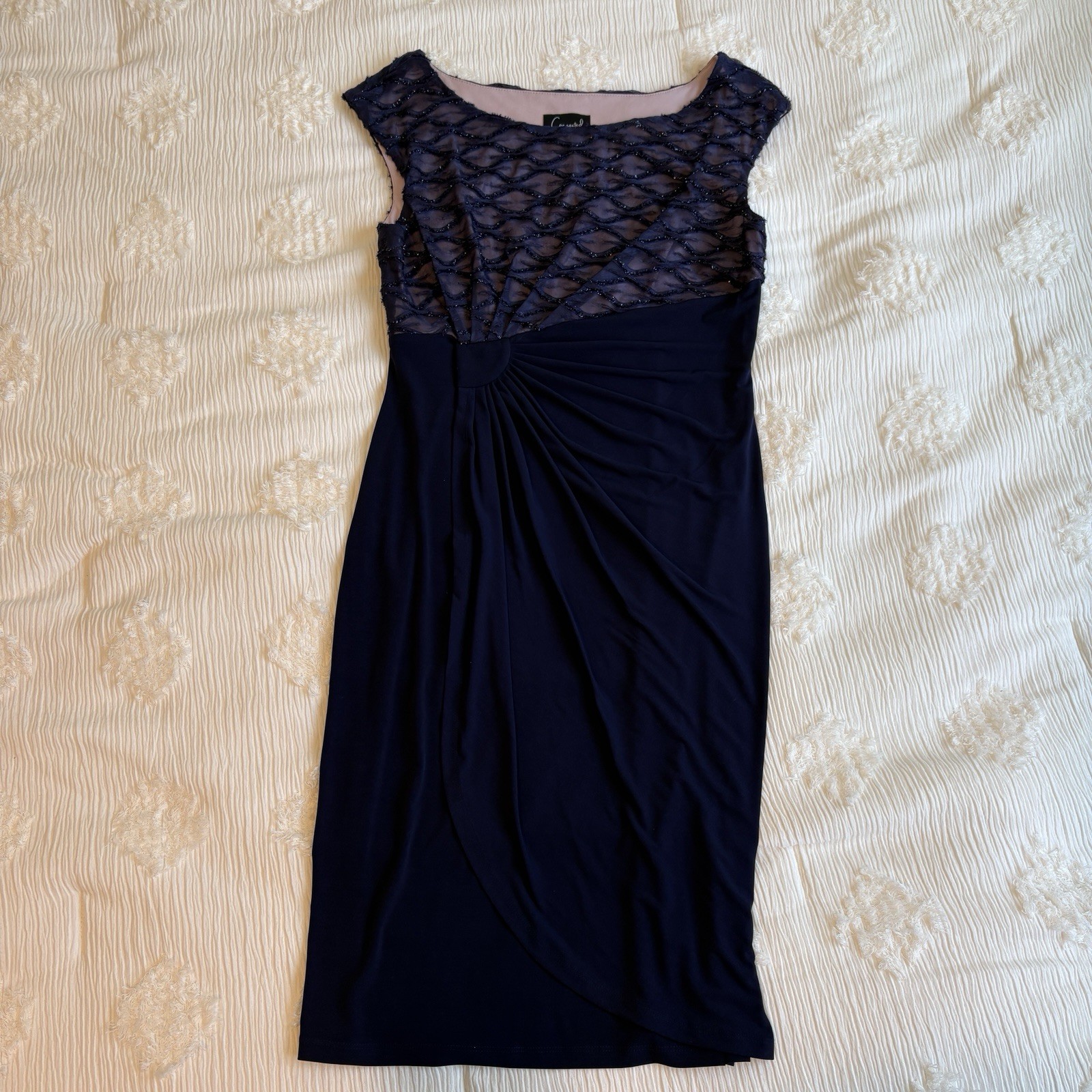 Navy Blue Soutache Lace Bodice Ruched Faux Wrap Cocktail Dress NWOT Sz 10