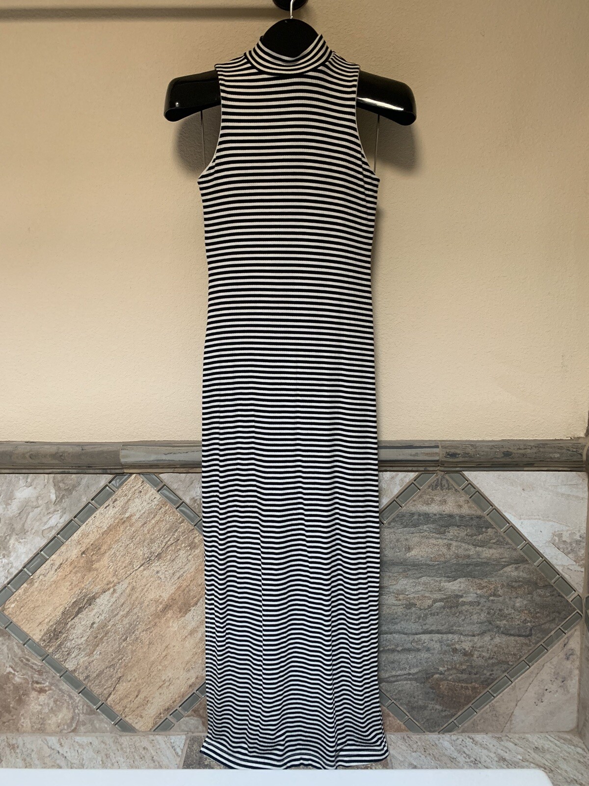 Velvet Torch Black White Striped Maxi Dress Size XS Lined Mock Neck Side Slit