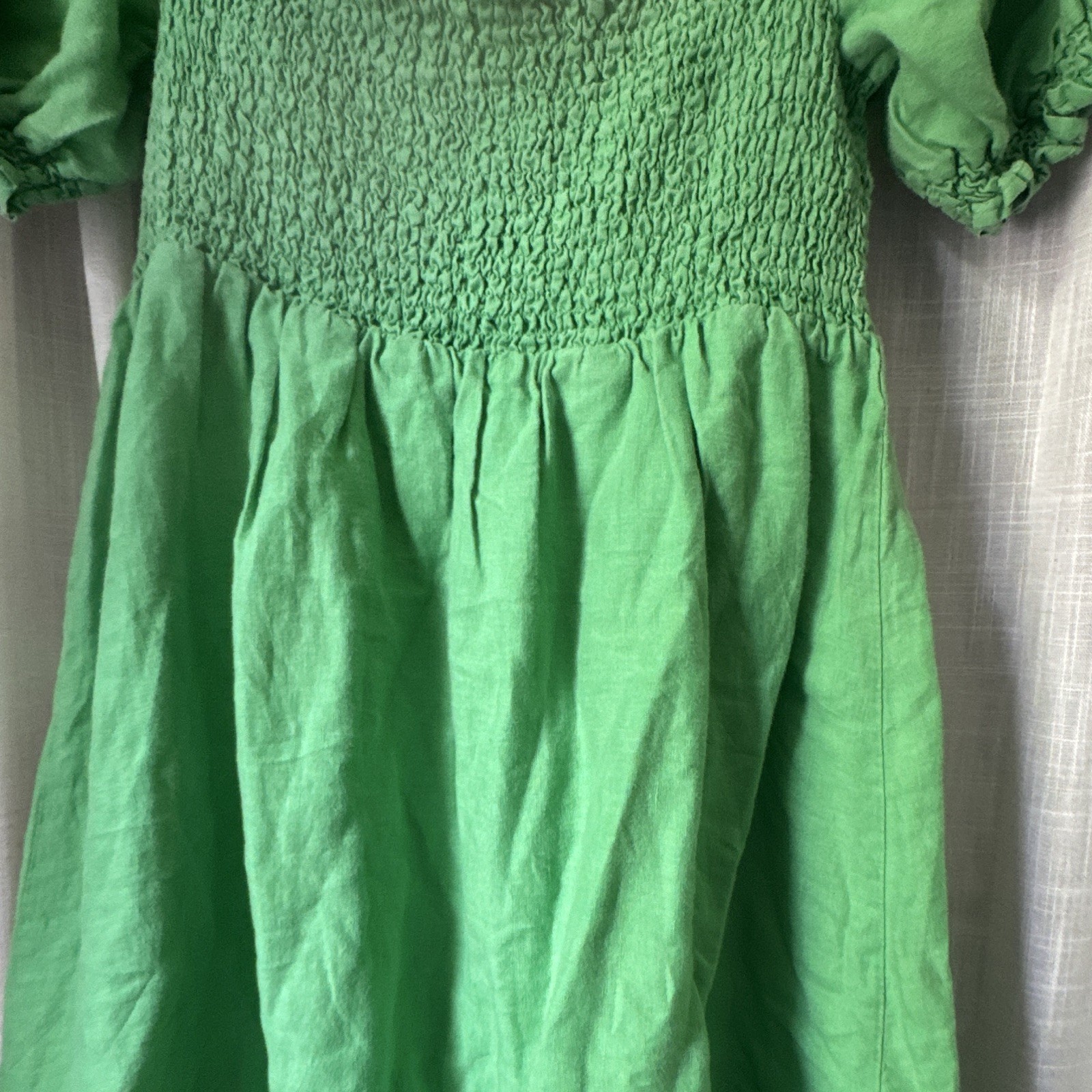 House of Harlow 1960 Green Solid Square Neck Smocked Puff Sleeve Mini Dress L