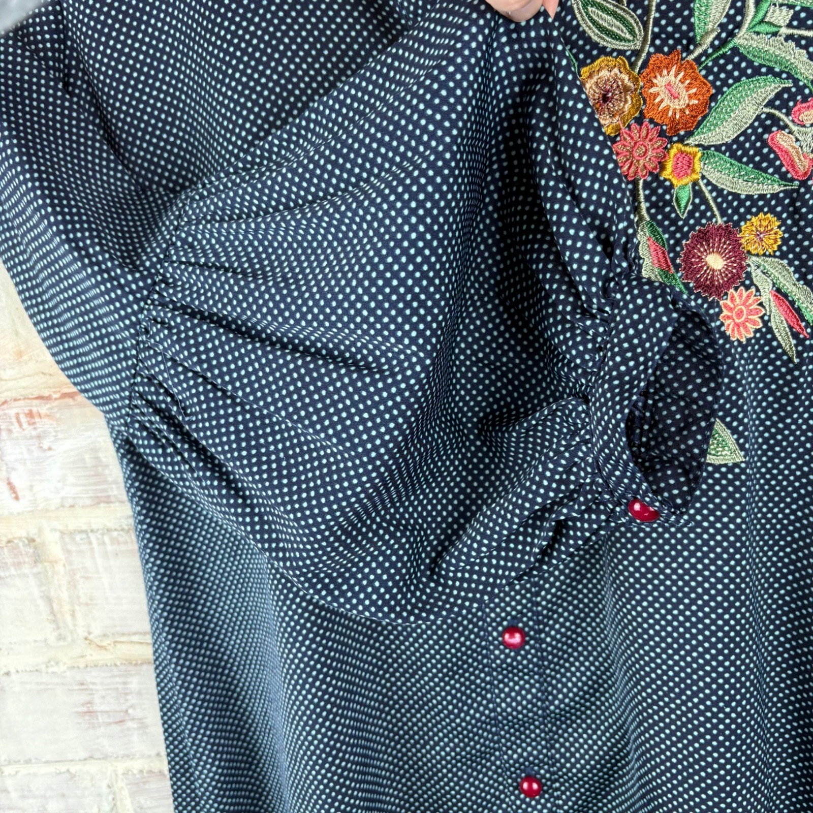 Artisan Embroidered Polka Dot Faux Shirt Dress Small Folk Art Cottagecore