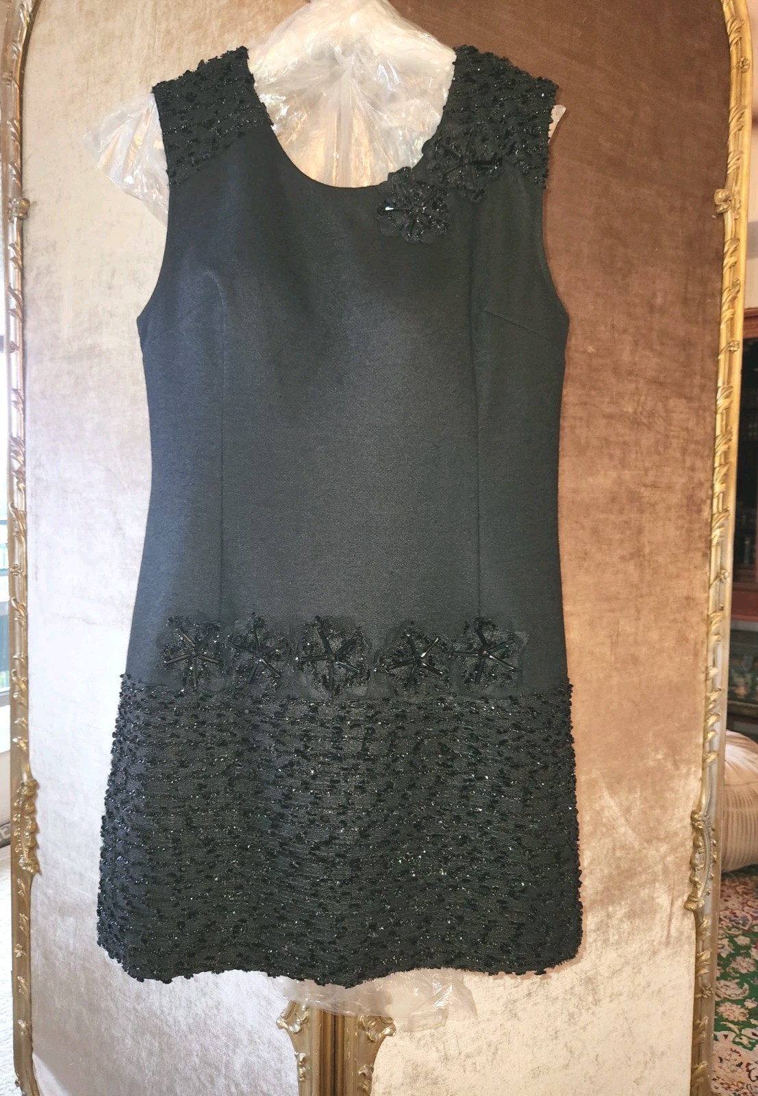 PORT International black wool blend and shimmering fabric appliqué handwork 12