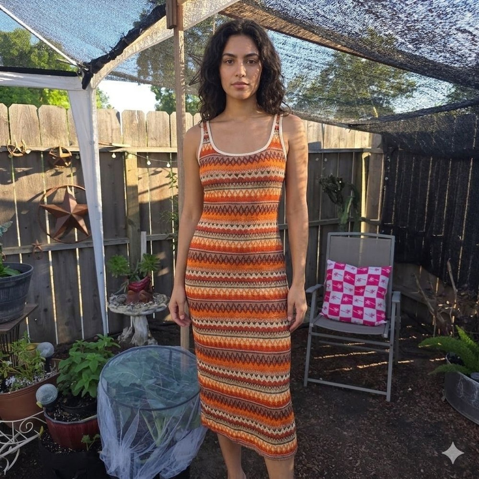 Orange Patterned Knit Tank Dress – Women’s Casual Sundress Large Shein