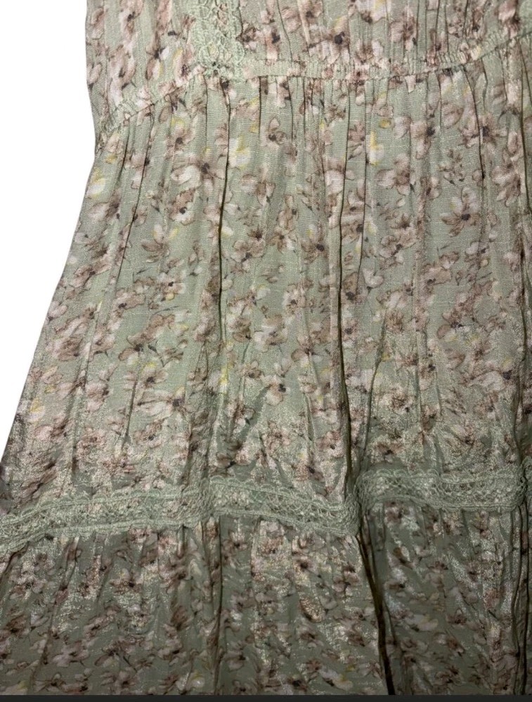 MINE Floral Boho Festival Spring Maxi Dress Mint Green Tiered Lace Trim SZ M