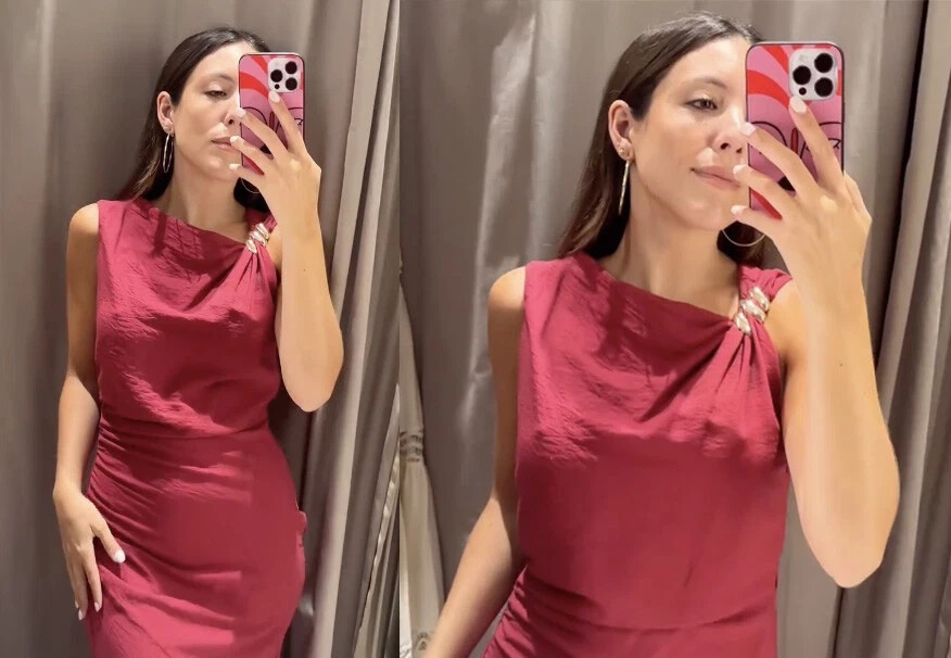 NWT ZARA MIDI DRESS Sz S GOLDEN APPLIQUÉ ASYMMETRIC GATHERED RASPBERRY 8535/312
